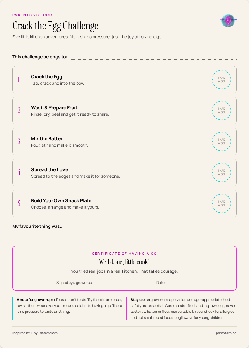 Preview of the Crack the Egg Challenge: five kitchen activities, progress circles and a certificate of having a go